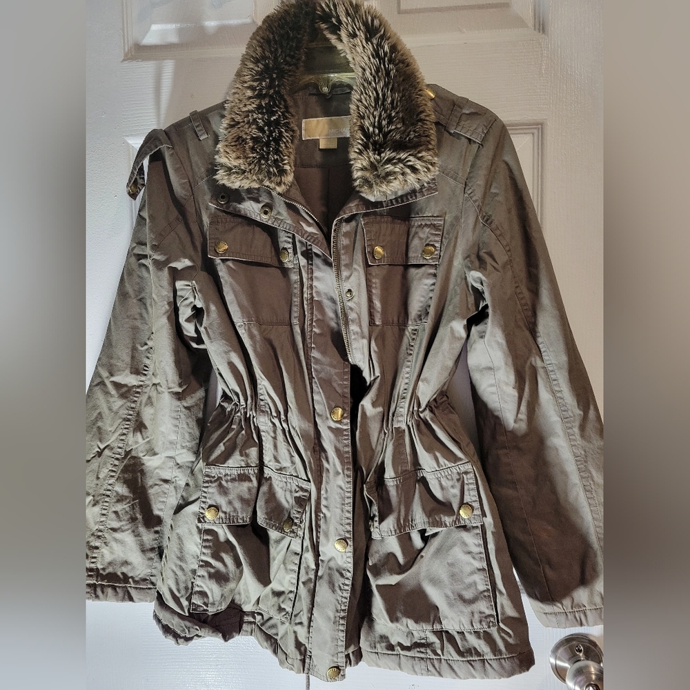 Michael Kors Utility Jacket with Removable Fur Collar - Olive Green